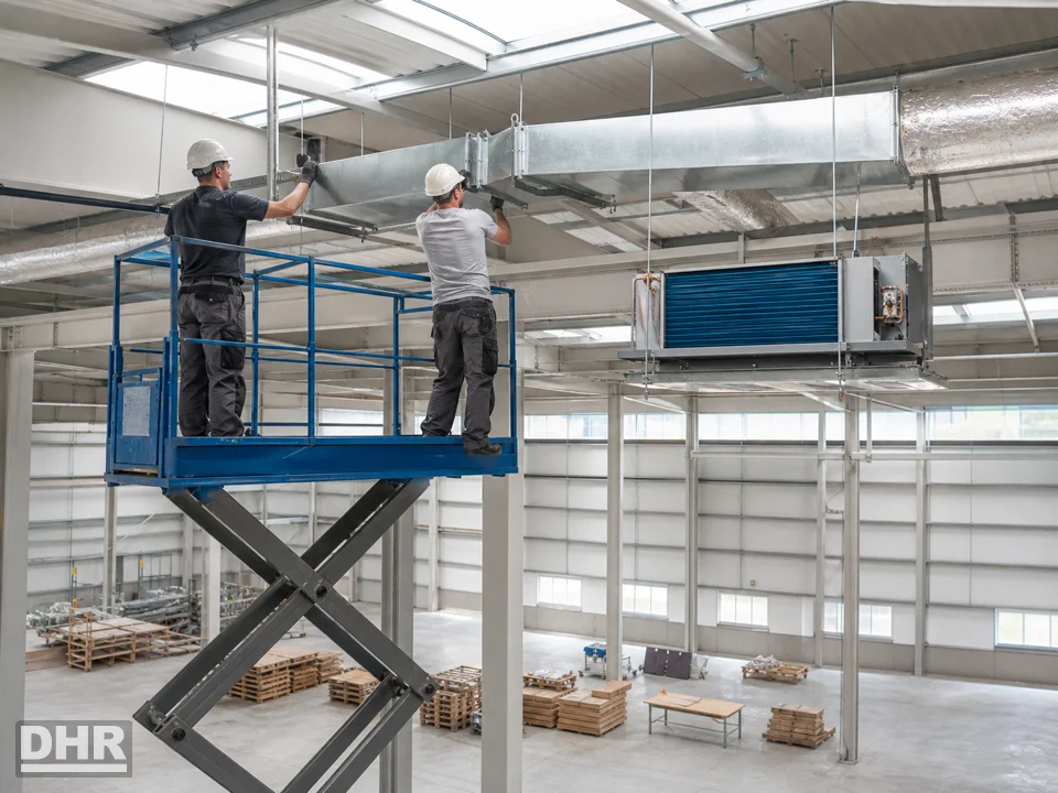Climatización de nave industrial: montaje de conductos y unidades interiores sobre la zona de trabajo