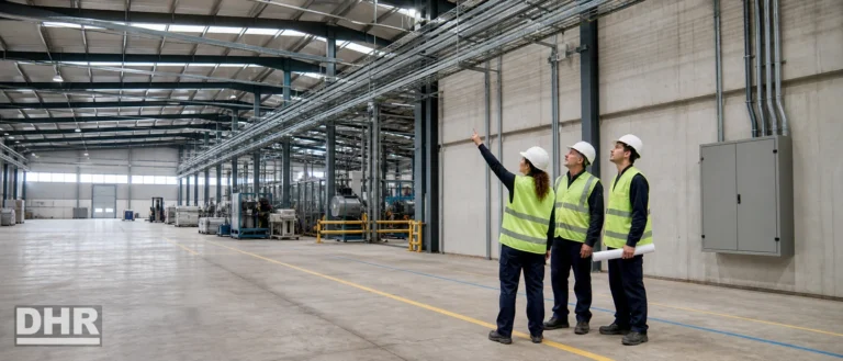 Instalaciones eléctricas industriales: equipo técnico evaluando la instalación existente en una nave de polígono