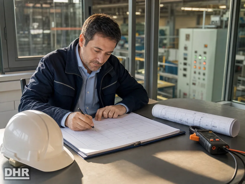 Instalaciones eléctricas industriales: ingeniero industrial colegiado firmando el proyecto eléctrico de una nave
