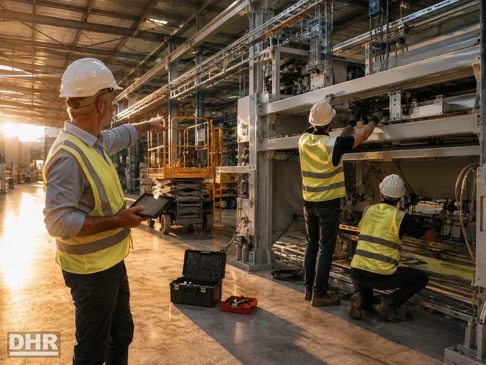 Instalaciones industriales llave en mano: ingeniero colegiado dirigiendo la obra junto al equipo instalador en la nave