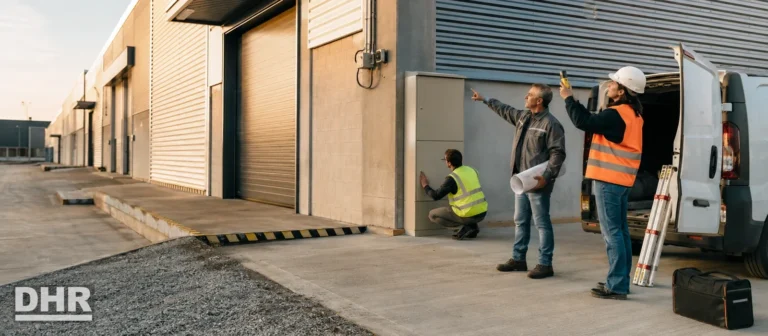 Instalaciones industriales llave en mano: equipo de ingeniería midiendo en el exterior de una nave de polígono