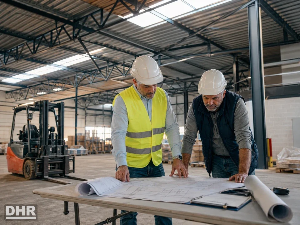 Instalaciones industriales llave en mano: ingeniero revisando planos del proyecto visado dentro de una nave industrial