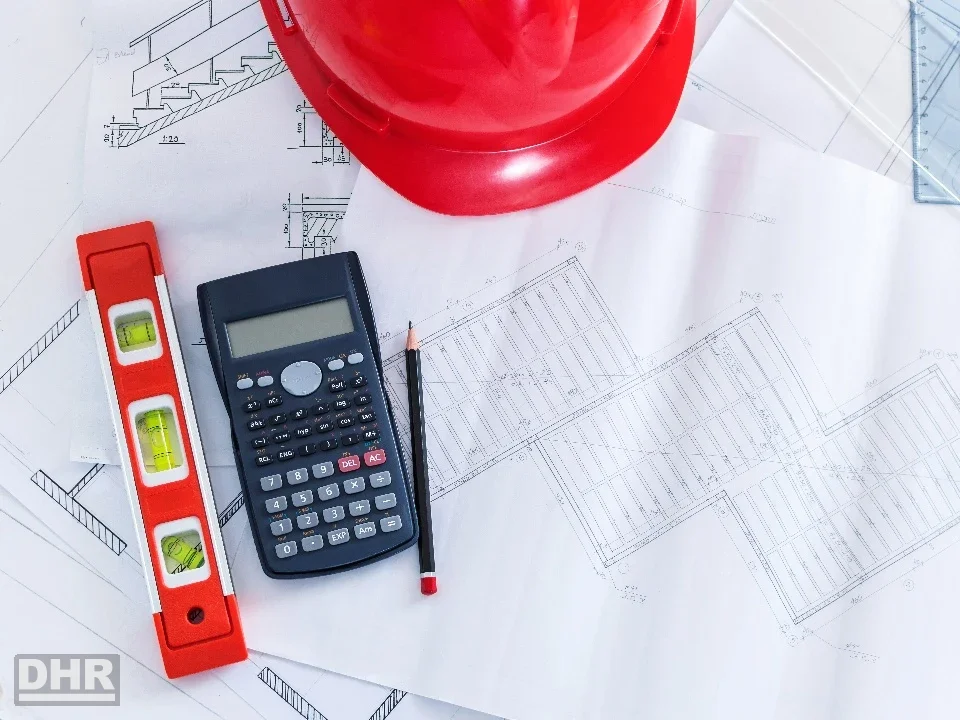 Protección contra incendios: planos, casco y calculadora sobre la mesa de proyecto de la ingeniería
