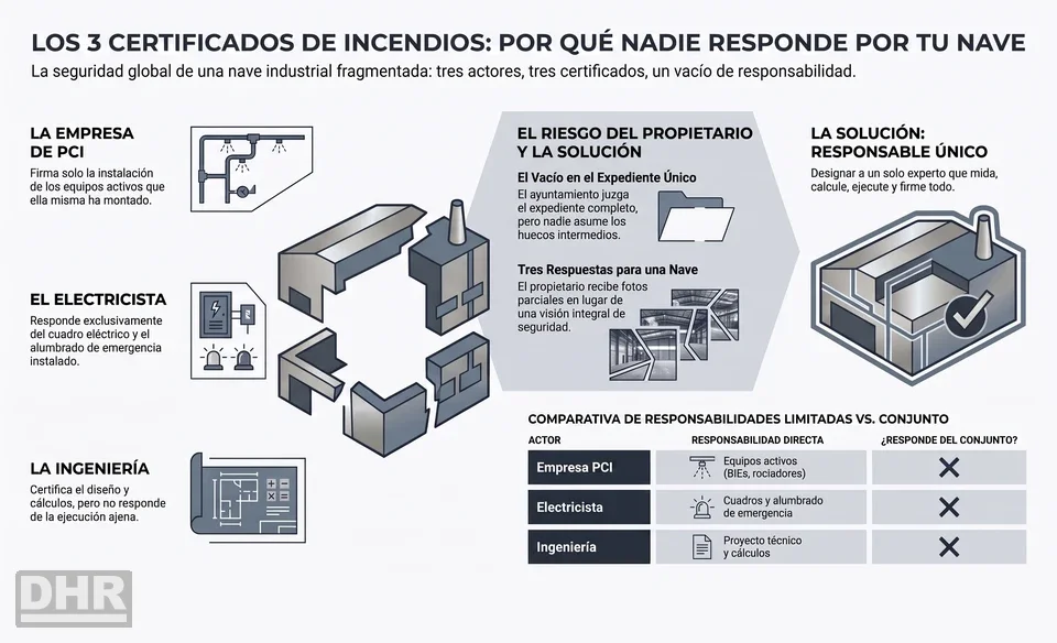 Protección contra incendios: infografía de los tres certificados de una nave y quién responde de cada uno