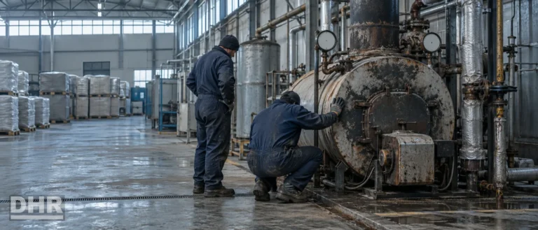 Calefacción y ACS industrial: operarios revisan una vieja caldera de gasóleo averiada en una nave en invierno