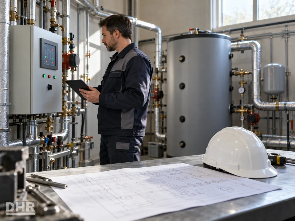 Empresa de calefacción: ingeniero colegiado comprobando la instalación térmica antes de firmarla