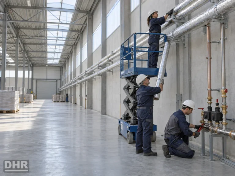 Fontanería y ACS industrial: equipo instalando la red de tuberías de agua caliente en una nave industrial