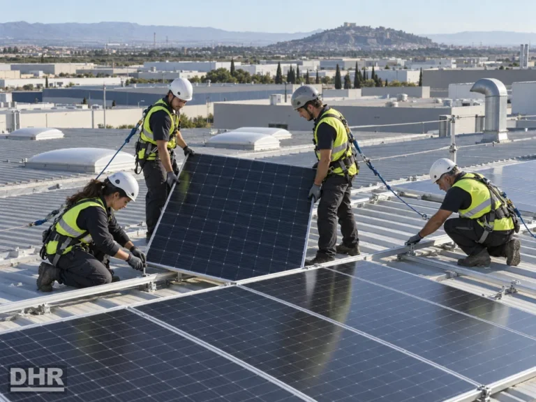 Fotovoltaica para empresas y naves: equipo instalando paneles solares en la cubierta de una nave industrial