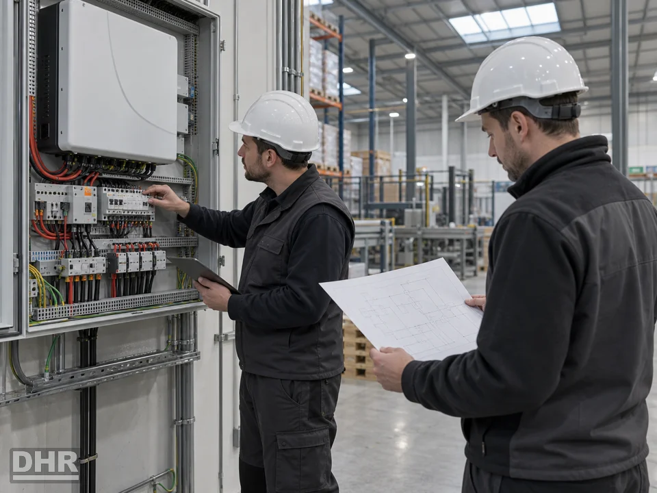 Fotovoltaica para empresas y naves: ingeniero comprobando el inversor y el cuadro eléctrico de la instalación