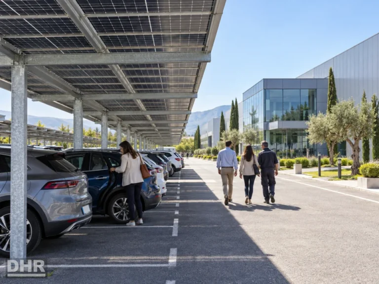Marquesina fotovoltaica para tu aparcamiento: parking de empresa cubierto con paneles solares y en uso diario
