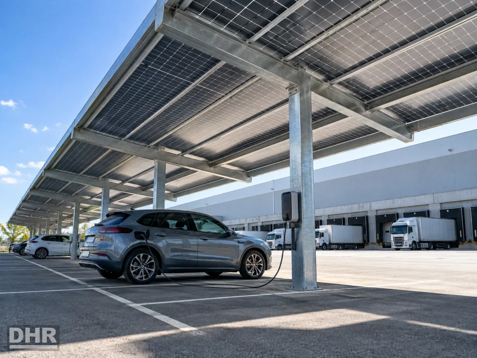 Marquesina fotovoltaica para tu aparcamiento: estructura con paneles y cargador de coche eléctrico integrado