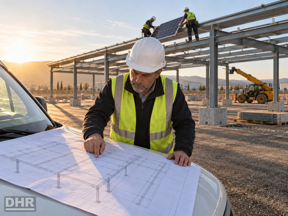 Marquesina fotovoltaica para tu aparcamiento: ingeniero revisando el proyecto firmado durante el montaje