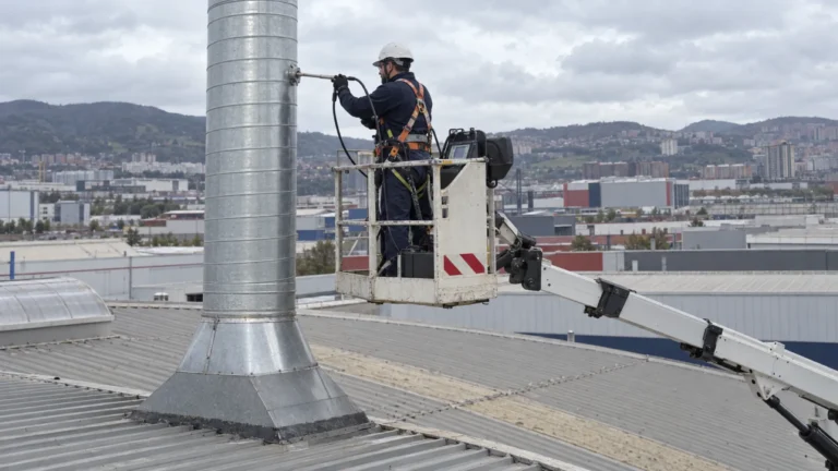 Técnico realizando medición de emisiones atmosféricas en cubierta de nave industrial de Barakaldo
