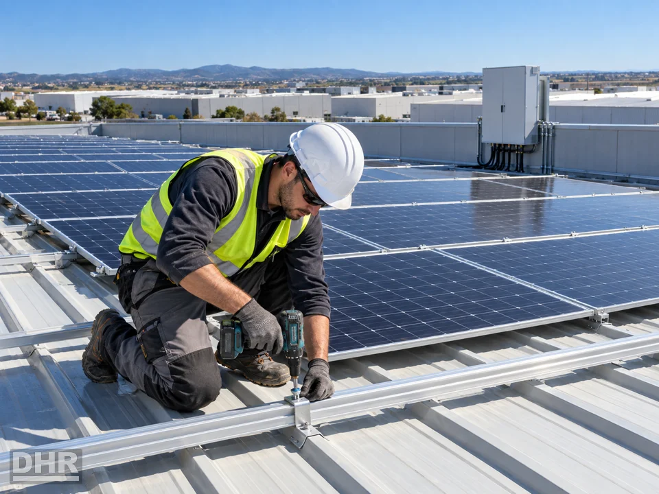 Placas solares en nave industrial: montaje de la estructura y los módulos sobre la cubierta