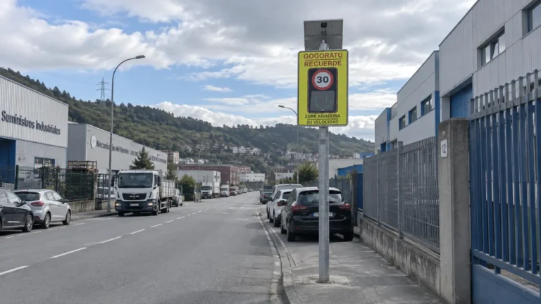 Radar pedagógico de velocidad en calle del Polígono Ugarte, Valle de Trápaga