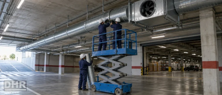 Ventilación industrial y de garajes: técnicos instalando conductos y extractores en un garaje subterráneo