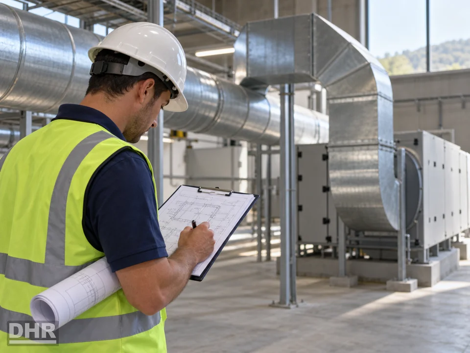 Ventilación industrial y de garajes: ingeniero firmando los planos técnicos junto a los conductos de extracción
