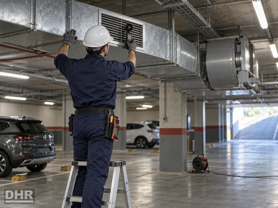Ventilación industrial y de garajes: técnico midiendo el caudal de aire con anemómetro en una rejilla de extracción