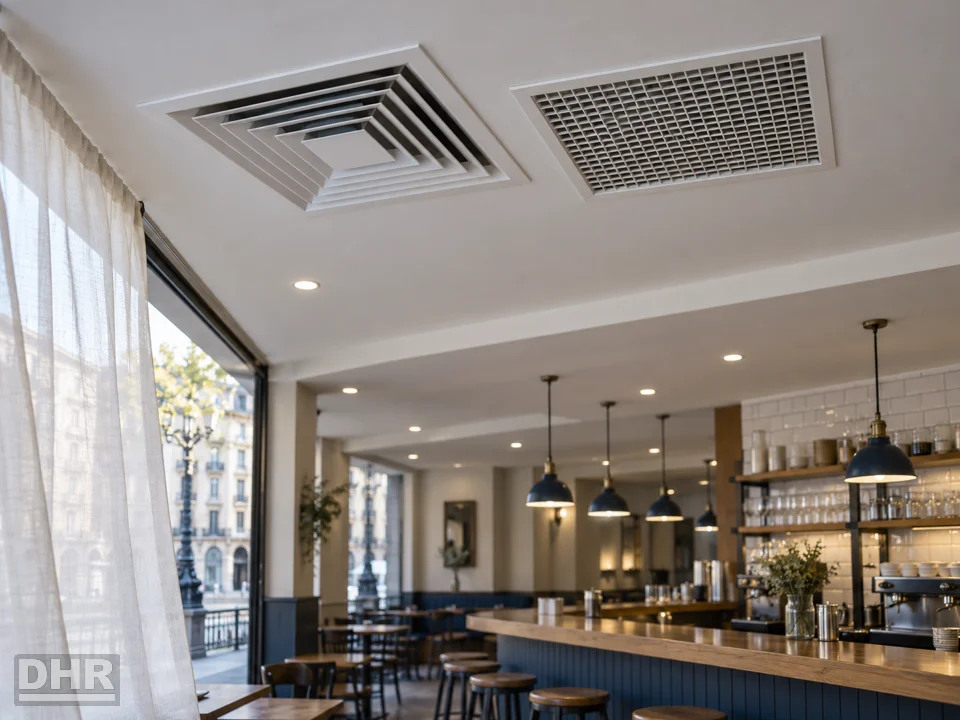Ventilación de un local con aire acondicionado: rejillas de aire exterior y extracción en el falso techo de un bar